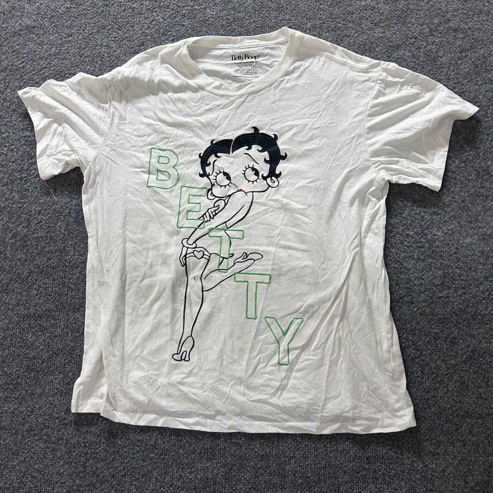 Betty Boop T-Shirt Womens XL White Embroidered Graphic Short Sleeve Casual Tee